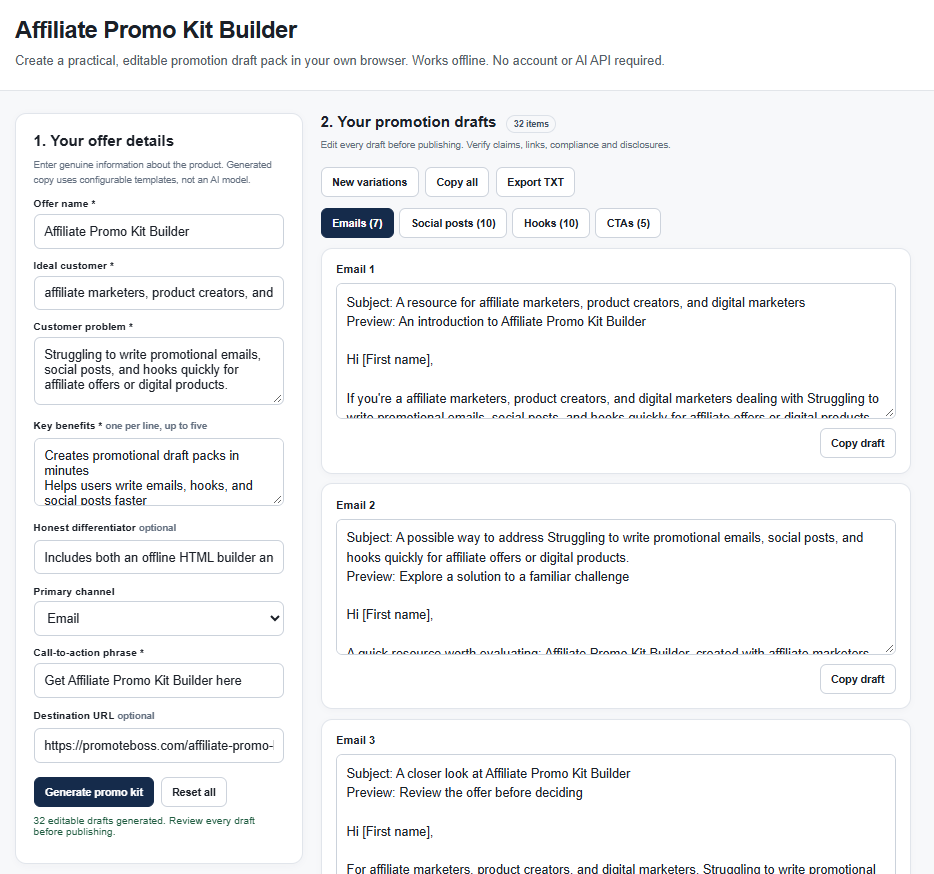 Affiliate Promo Kit Builder showing email drafts after generating 32 draft items