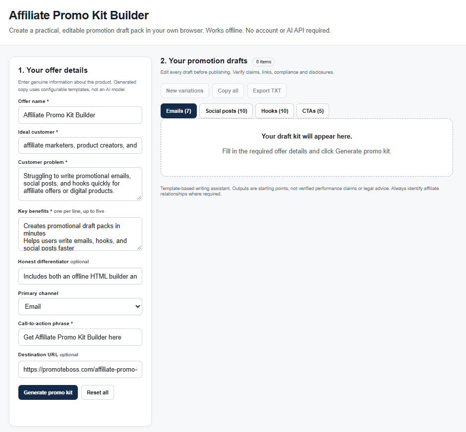 Affiliate Promo Kit Builder form filled out with an offer brief before generation